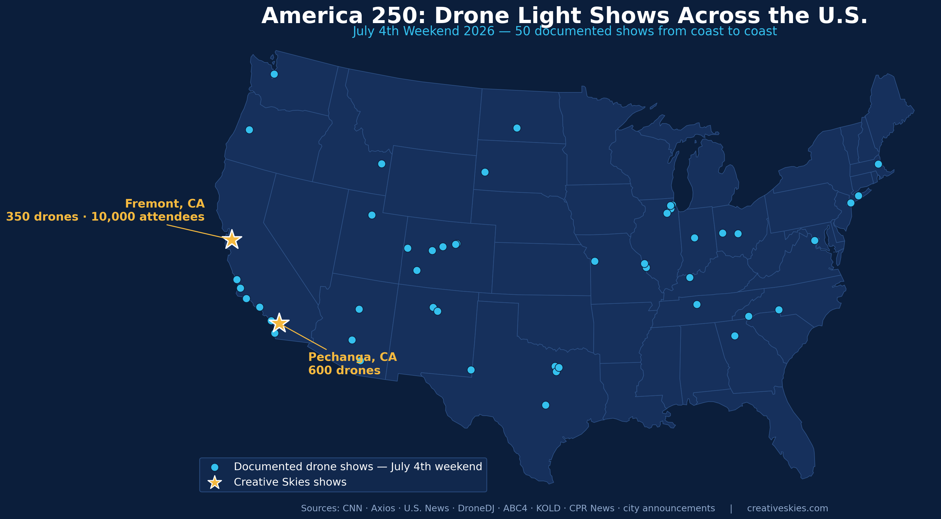 Map of America 250 drone light shows across the United States, July 4th weekend 2026