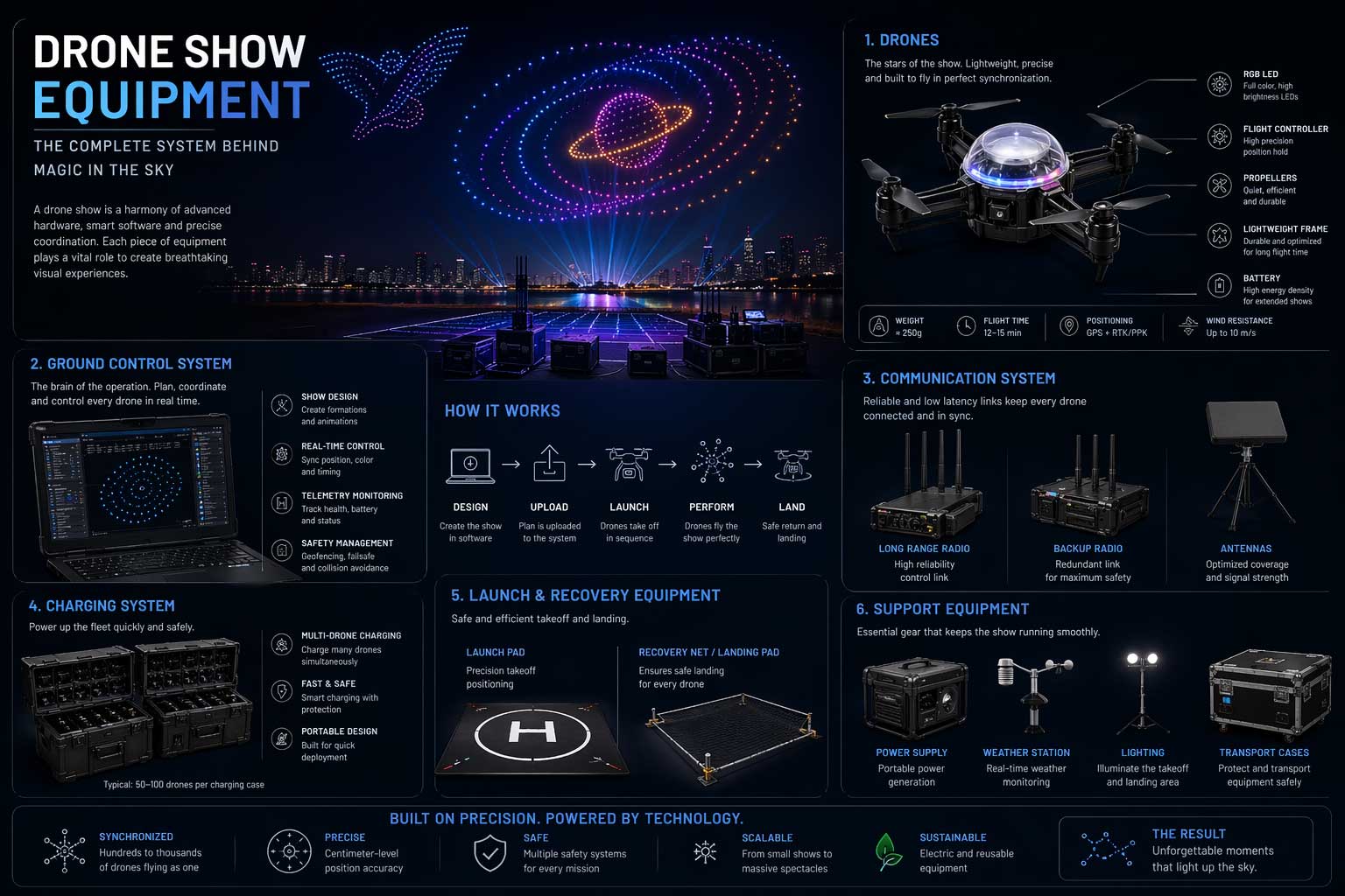 Drone show equipment infographic — the complete system: drones, ground control, communications, charging, launch and recovery, and support equipment