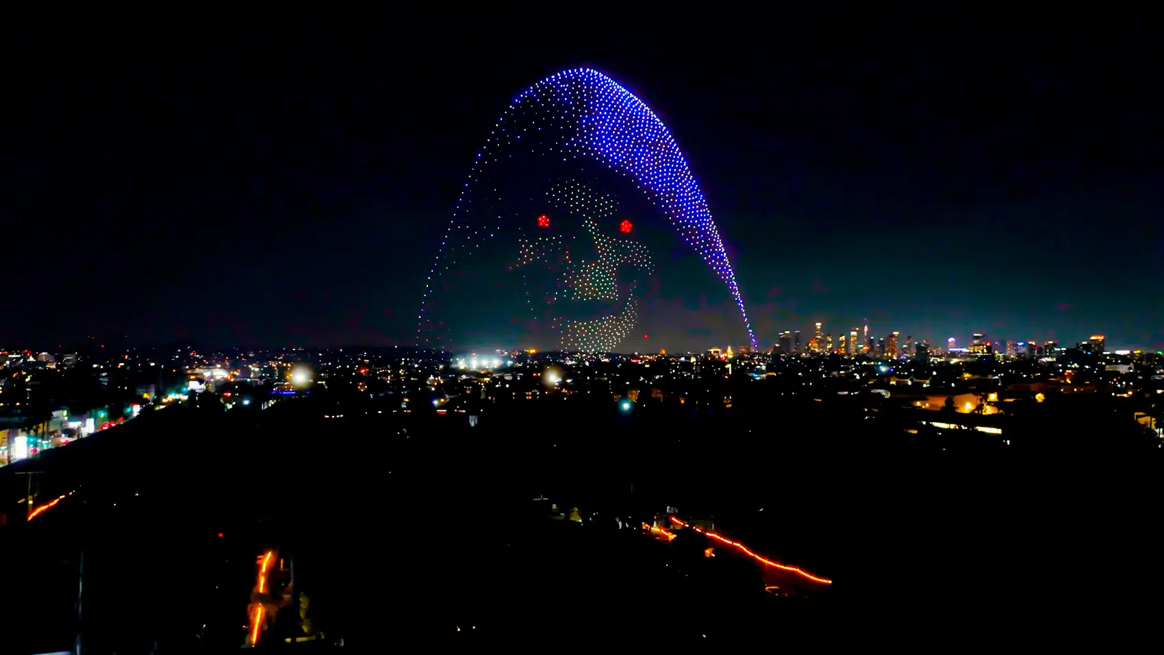 Skeletor formation lighting up the night sky during the Masters of the Universe drone show