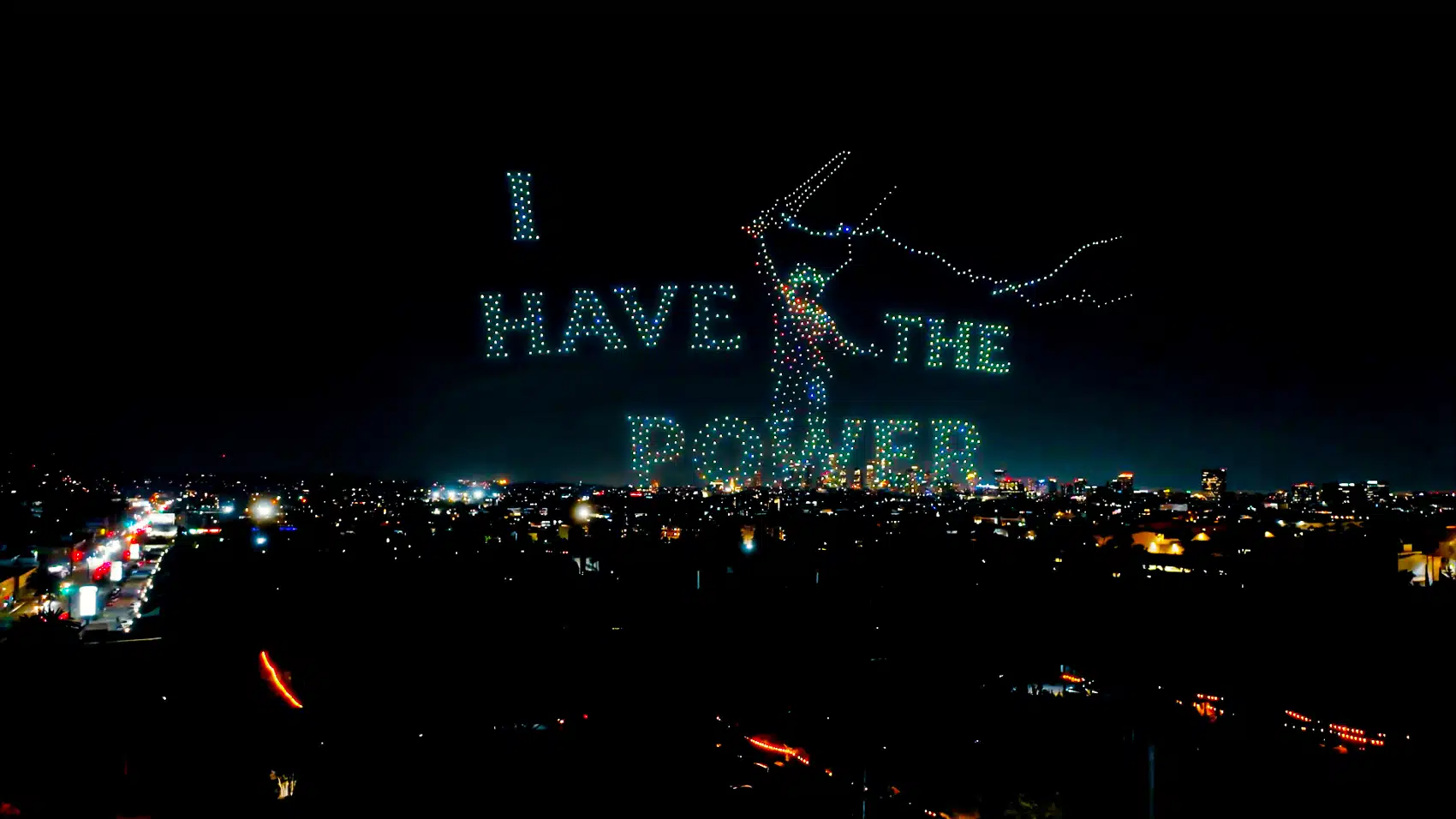 1,600 drones forming He-Man holding the Sword of Power over the Los Angeles skyline