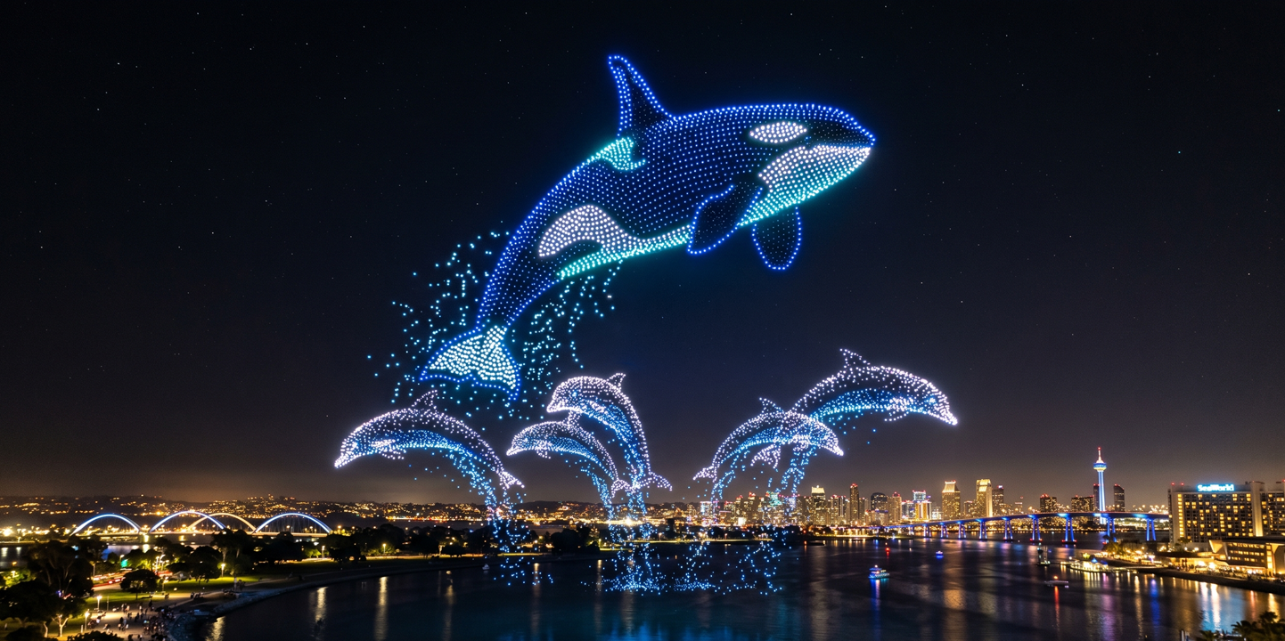 SeaWorld drone show spelling SeaWorld in blue drone lights over Mission Bay, San Diego
