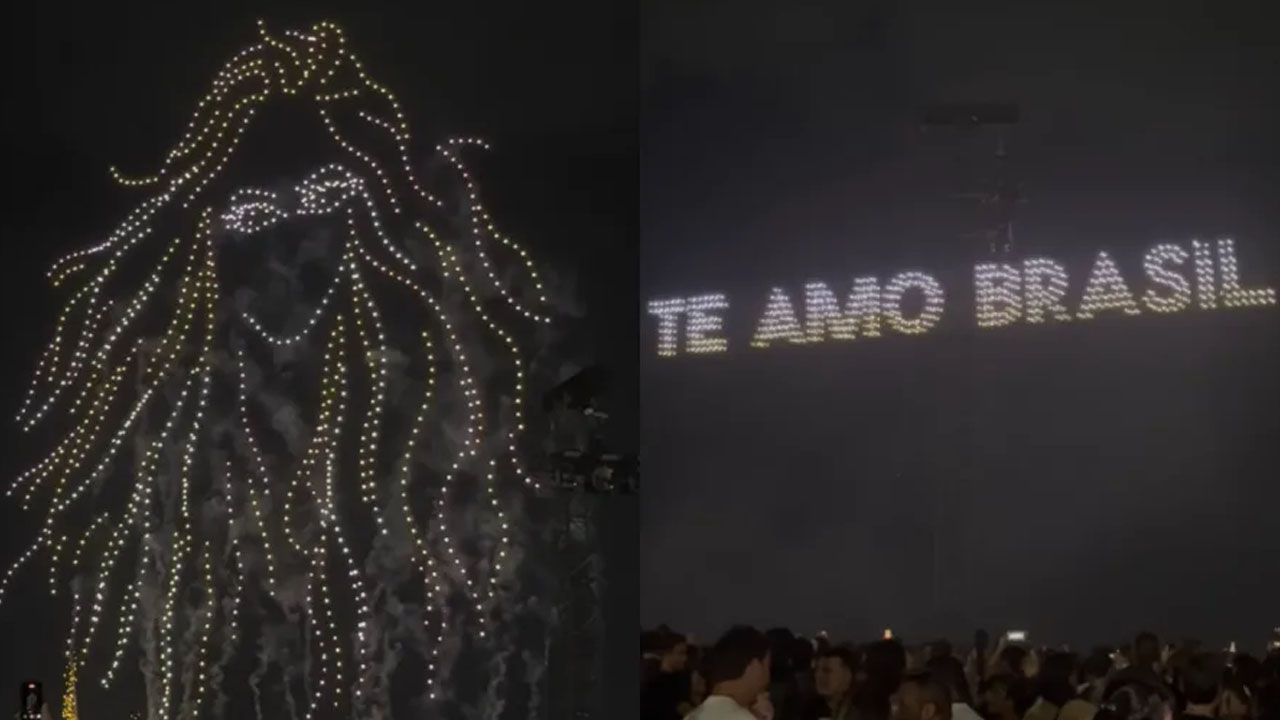 Shakira drone show at Copacabana Beach: a giant drone-rendered portrait of Shakira on the left, and the words 'TE AMO BRASIL' spelled out in drones on the right