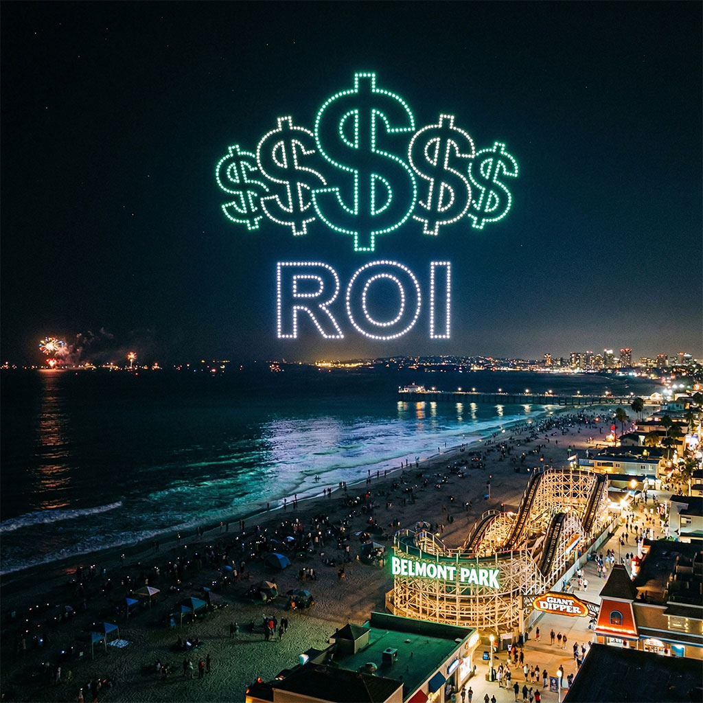 Drone light show aerial formation in night sky — pricing guide 2026