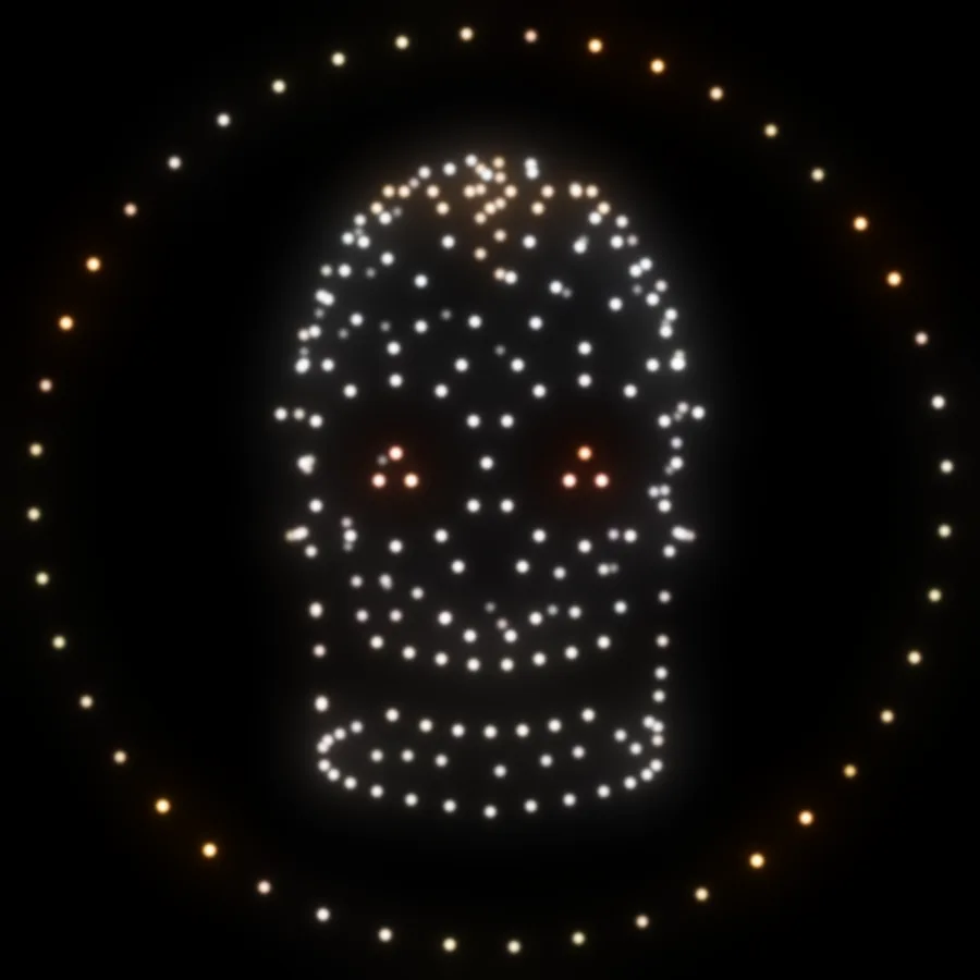 A giant skull with fiery orange eyes drawn by drones inside a ring of lights