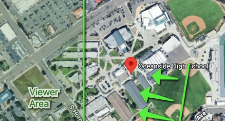 Map: the viewer area is west of S Horne St, looking east toward Oceanside High School's athletic fields
