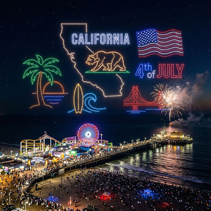 Drone light show over downtown Los Angeles at night, Creative Skies