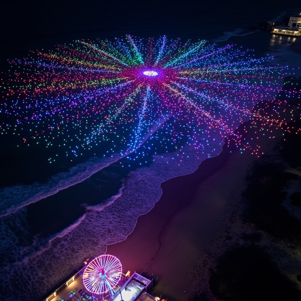 Drone light show over Santa Monica beach, Los Angeles, Creative Skies