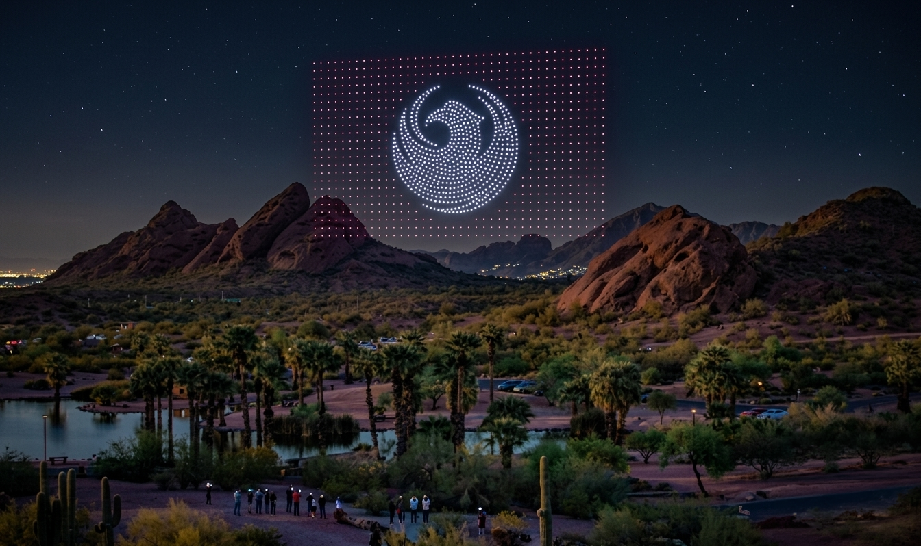 Drone light show over Phoenix Arizona — Phoenix bird logo in drones over Papago Park