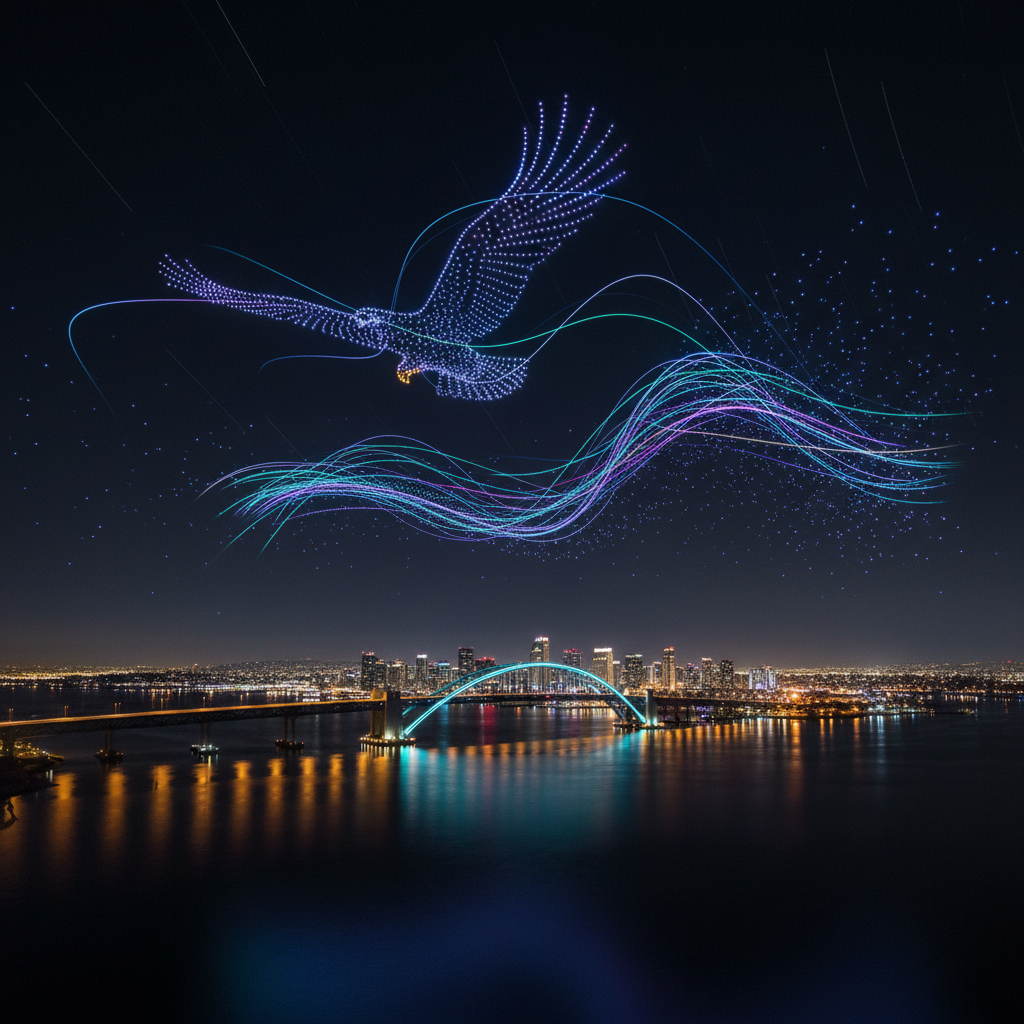 Drone light show over San Diego bay at night