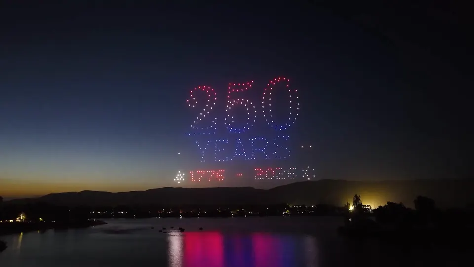 “250 Years, 1776–2026” in drones over Fremont