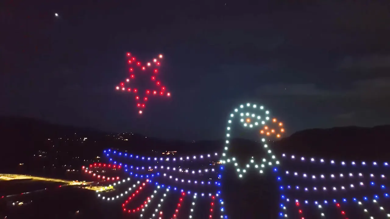 A bald eagle and a star in drones over Pechanga Resort Casino