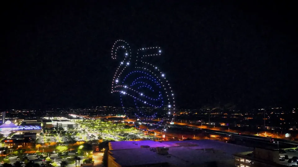 A “25” anniversary emblem in drones over Las Vegas
