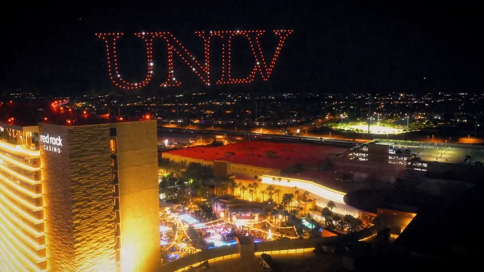 UNLV written in drones above the Red Rock tower