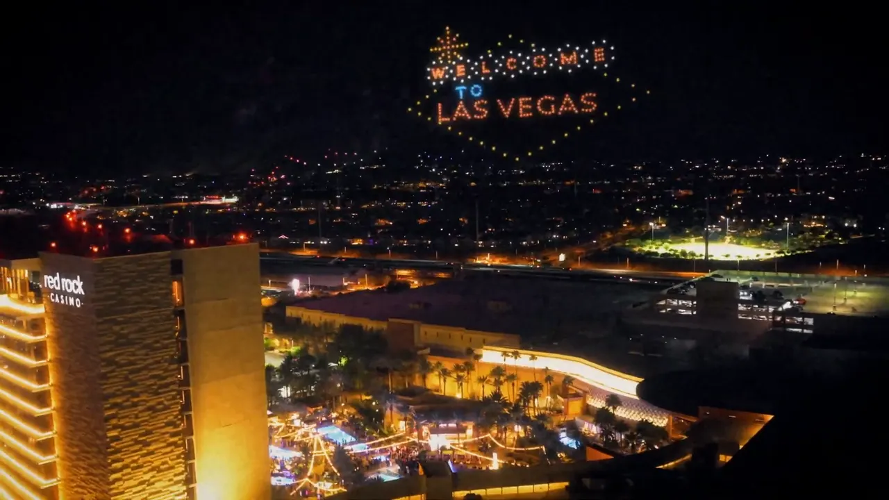 The “Welcome to Las Vegas” sign in drones above Red Rock Casino Resort & Spa