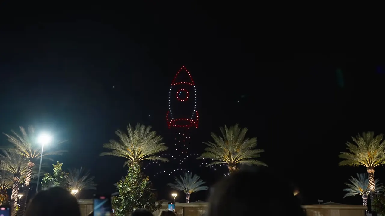 A drone rocket over the palm trees at Pechanga Resort Casino