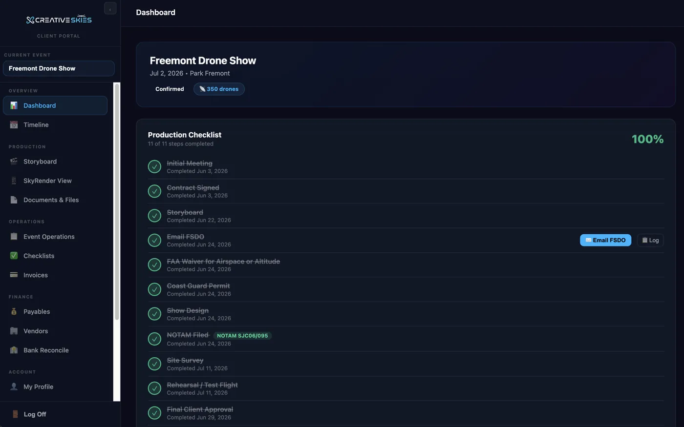 Creative Skies client portal dashboard for the Fremont drone show, production checklist at 100% complete