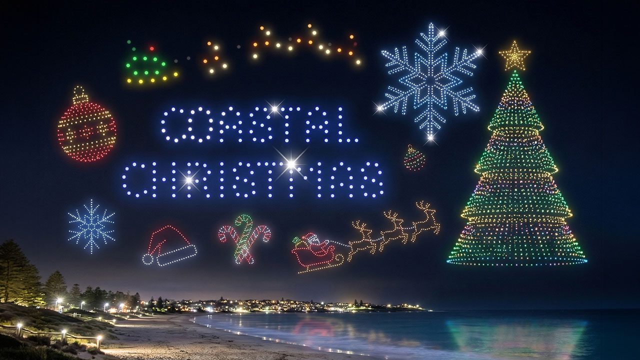 Christmas drone light show for holiday public event, Creative Skies
