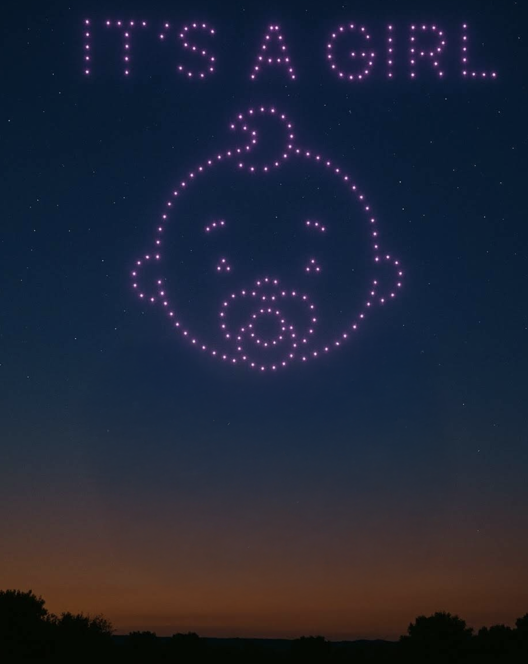 Drone Light Shows for Baby Reveal | Creative Skies Drone Light Shows 2 a baby face with lights in the sky